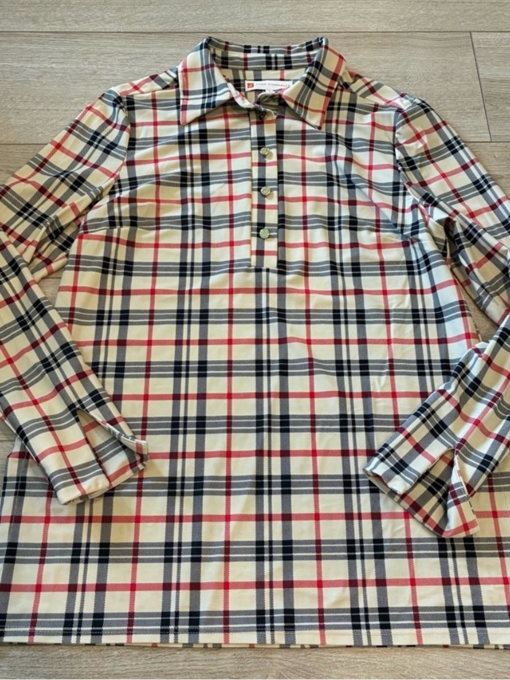 Jude Connally Plaid Shirt Dress Size M Cream Red Black Made in USA